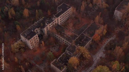 Pripyat, UKRAINE - October 2019: abandoned house and school in the ghost town of Pripyat after the Chernobyl disaster at the nuclear power plant. Bird's-eye
