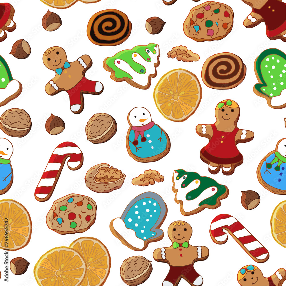 Seamless pattern of Christmas gingerbread, oranges, nuts. A set of illustrations on the theme Christmas traditions. Seamless pattern of Christmas gingerbread, oranges, nuts. A set of illustrations on the theme Christmas traditions.