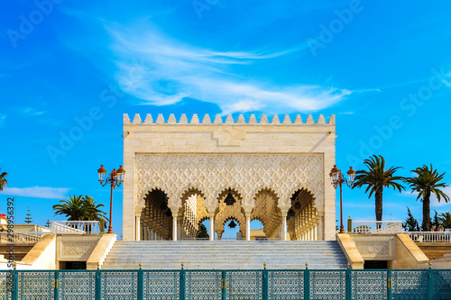 View of the snow-white Mausoleum of Mohammed V against the blue sky. Rabat, Morocco