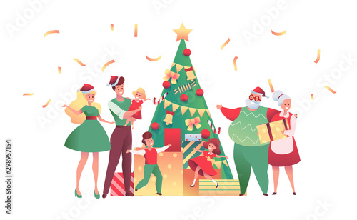 Vector flat family near christmas tree together