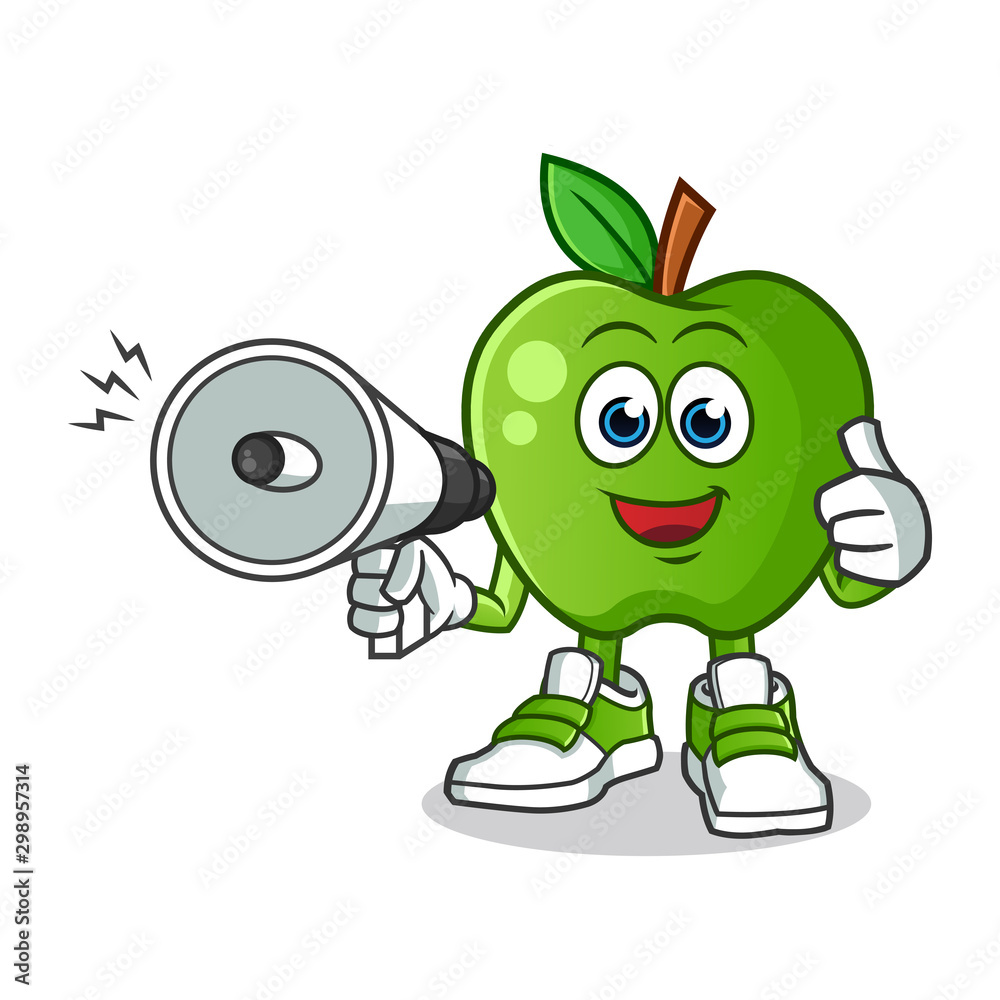 Obraz premium green apple happy hold handy loudspeaker mascot vector cartoon illustration