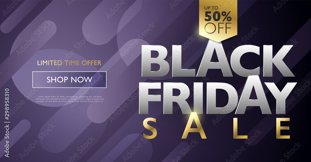 Black Friday sale discount marketing banner concept with golden letters on purple background. Black Friday promo offer flyer and poster with 50% off sale tag. Vector illustration template.