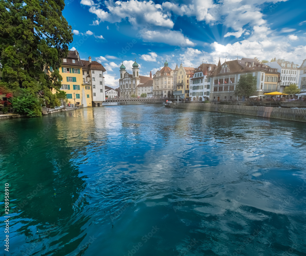 View of the old city of Lucerne (Luzern) from the river Reuss, Central Switzerland