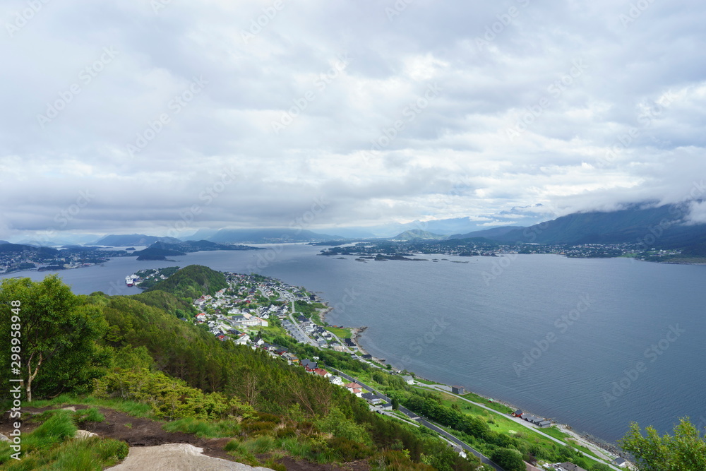 Beautiful coastal city Alesund, view from the mountain Sukkertoppen.