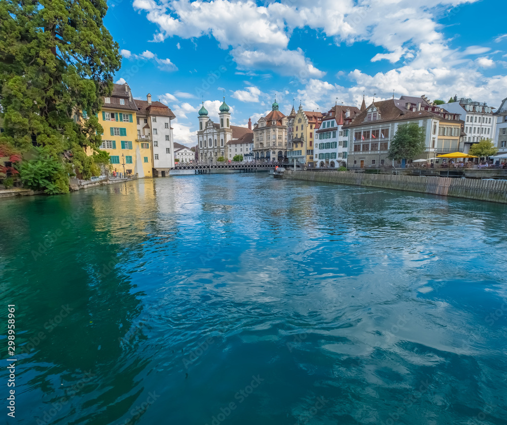 View of the old city of Lucerne (Luzern) from the river Reuss, Central Switzerland