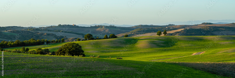 Beautiful landscape in Tuscany - wave hills covered green grass. Tuscany, Italy