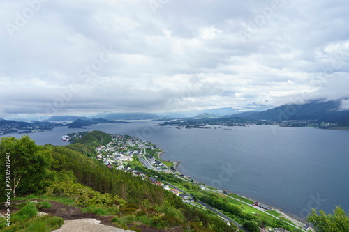 Beautiful coastal city Alesund, view from the mountain Sukkertoppen.