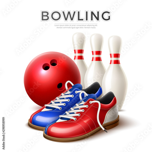 Vector realistic bowling ball shoes skittle pins