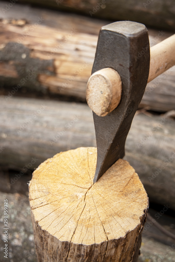 Ax stuck in the stump. wooden stump in the forest. Deforestation man. Felled tree. Woodcutter's ax on the stump. Ax stuck in the stump. wooden stump in the forest. Deforestation man. Felled tree. Woodcutter's ax on the stump.