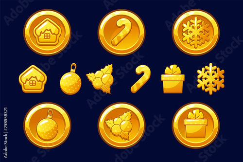 Merry Christmas golden coins. Happy New Year coin. Vector gold icons for Assets 2D game