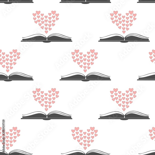 Seamless pattern with open romance genre book and heart above it.