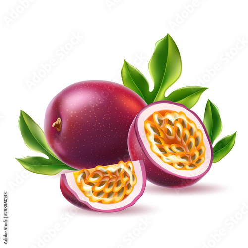 Vector realistic passionfruit with seed green leaf