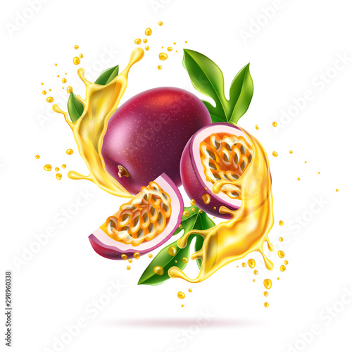 Vector 3d passionfruit with green leaf splash