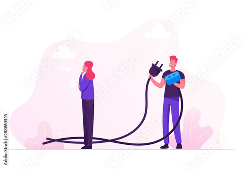 Businessman Holding Huge Wired Electrical Plug and Socket Ready to Establish Connection. Thoughtful Businesswoman