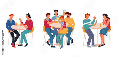 People cartoon characters, friends and couples in restaurant or pub, bar drinking beer and spending leisure time togeteople cartoon characters, friends and couples in restaurant or pub, bar drinking.