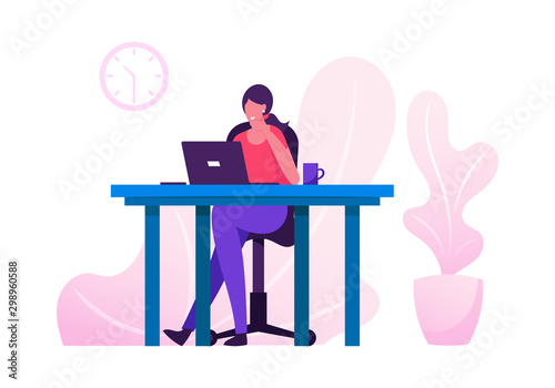 Office Worker Busy Business Woman or Freelancer Working on Laptop Sitting at Table Workplace Thinking of Task