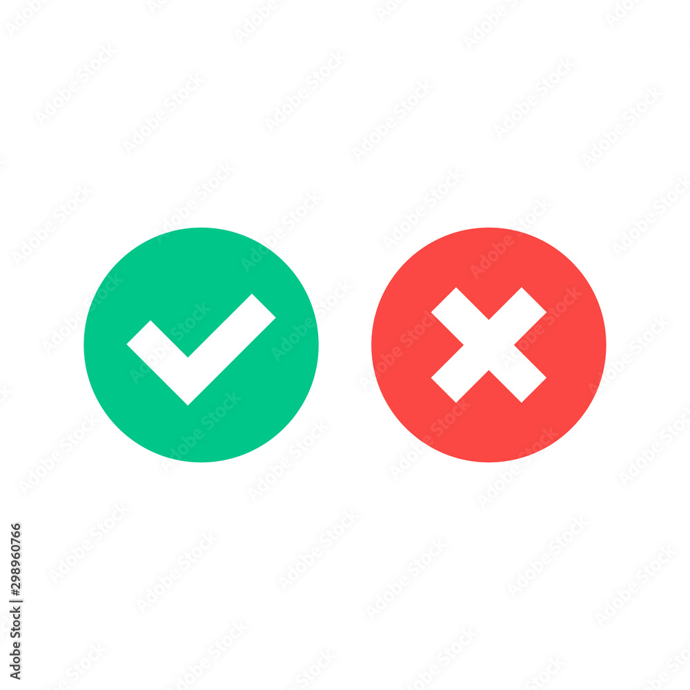 Vector check mark icons. Green checkmark and red cross. Vector flat icons set isolated on white background Vector check mark icons. Green checkmark and red cross. Vector flat icons set isolated on white background