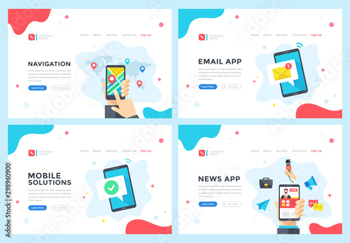 Navigation, email app, mobile solutions, news app concepts. Modern web page, website design templates set. Vector illustration