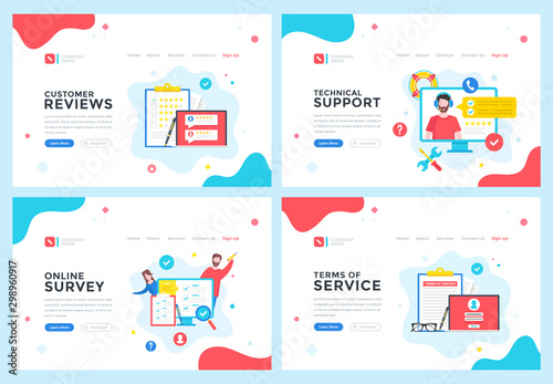 Customer reviews, technical support, online survey, terms of service concepts. Modern web page, website design templates set. Vector illustration