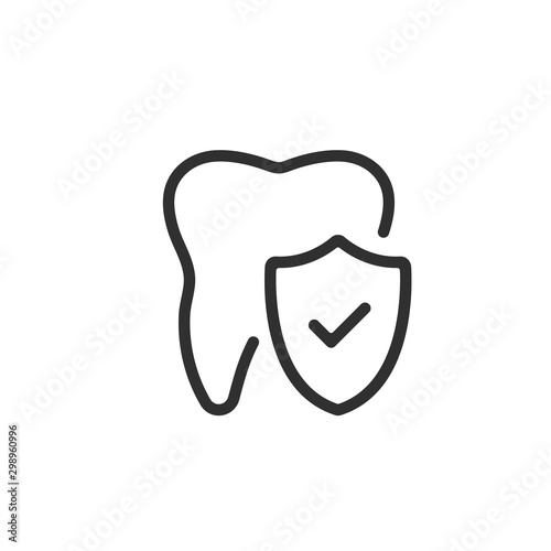 Vector tooth and shield with check mark icon. Dental insurance, dental care concepts. Vector line icon