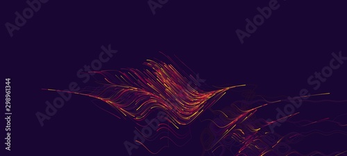 Abstract wavy pattern consisting of multicolored particles against dark blue background. Beautiful illustration resembling an energy flow. Modern wallpaper.