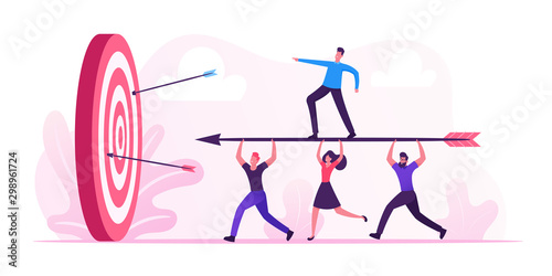 Business Goals Achievement Concept. Businesspeople Team Carry Huge Arrow with Businessman Standing on it Running