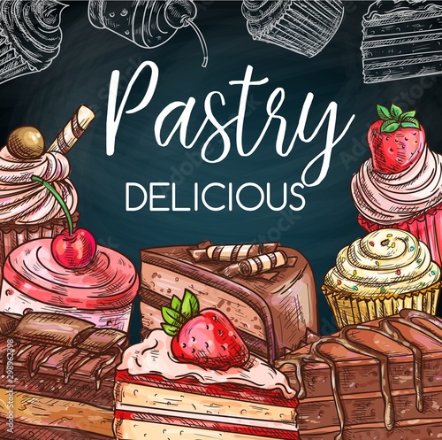 Cakes, cupcakes and muffins with cream and fruits