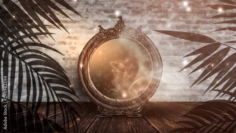 Dark fantasy mystical landscape. Dark forest, magic mirror. Night view, smoke, smog, neon light, moon. Dark fantasy mystical landscape. Dark forest, magic mirror. Night view, smoke, smog, neon light, moon.