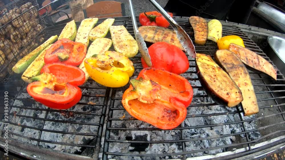 Vegetables cooked on a fire. Grilled vegetables. Eggplant, pepper and