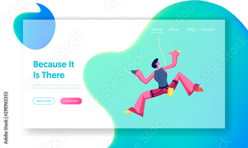 Rock Climbing Sport and Bouldering Activity Website Landing Page. Young Man Athlete Climbing Wall in Alpinism Training Area with Ropes and Grips Web Page Banner. Cartoon Flat Vector Illustration