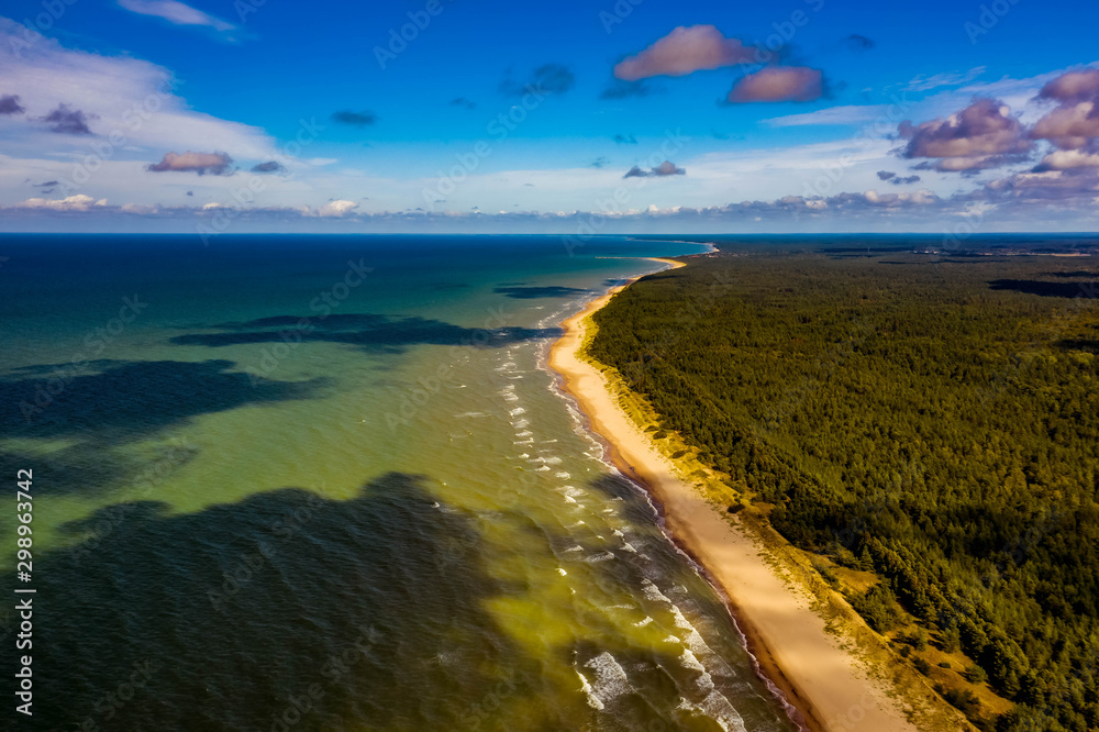 Beautiful landscape. View of coastline. Drone shot of Baltic sea.