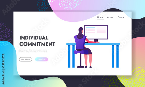 Business Woman Working on Computer at Home or Office Workplace Website Landing Page. Hardwork Freelancer