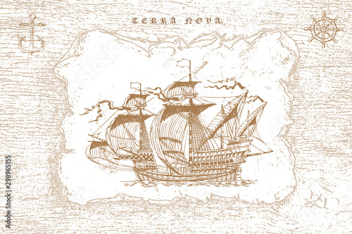 vector image of a vintage caravel in old engraving style