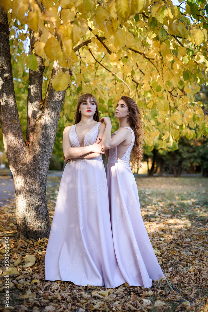 Two young princess wearing nice beige dress in autumn park. Fashion photo. Two young princess wearing nice beige dress in autumn park. Fashion photo.
