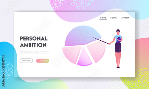 Business Coach Explain Development Strategy Website Landing Page. Businesswoman Trainer Pointing on Huge Pie Chart