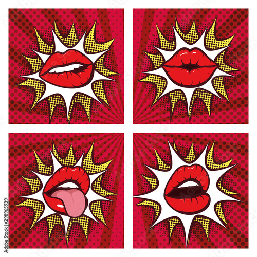 set of sexy woman mouths with splash pop art style