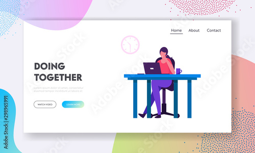 Employee Brainstorm Website Landing Page. Office Worker Busy Business Woman or Freelancer Working on Laptop