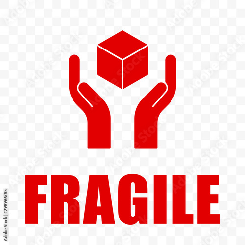 Fragile icon, handle with care logistics shipping. Fragile package delivery, hands and box warning vector sign, isolated on transparent background