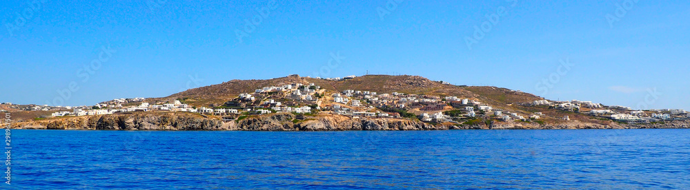 panoramic view from the sea of Mykonos, the famous Greek island of Cyclades in the heart of the Aegean Sea