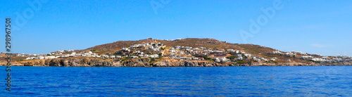 panoramic view from the sea of Mykonos, the famous Greek island of Cyclades in the heart of the Aegean Sea