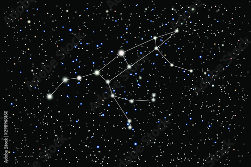 Vector illustration of the constellation Great Bear on a starry black sky background. Big Dipper or the Plough is a large asterism of the constellation Ursa Major.	