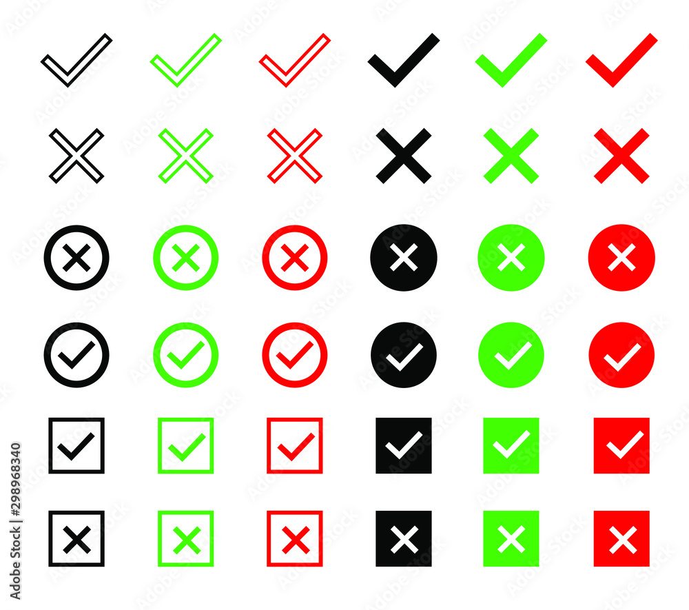 Check and wrong icons set of check marks. Green tick, red cross, black tick and cross. Vector icons. Check and wrong icons set of check marks. Green tick, red cross, black tick and cross. Vector icons.