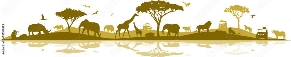 Savanna Landscape Africa Vector Silhouette - obrazy, fototapety, plakaty 