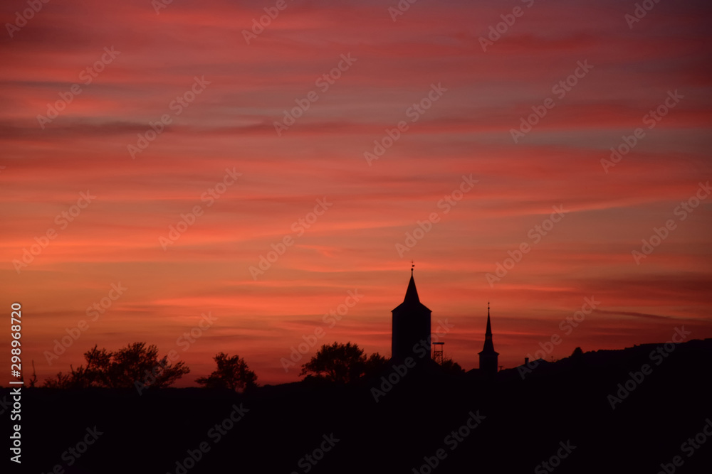 Late Sunset in Horizon with Church Tower