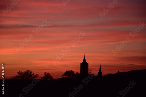 Late Sunset in Horizon with Church Tower