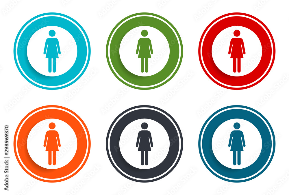Woman icon flat vector illustration design round buttons collection 6 concept colorful frame simple circle set Woman icon flat vector illustration design round buttons collection 6 concept colorful frame simple circle set