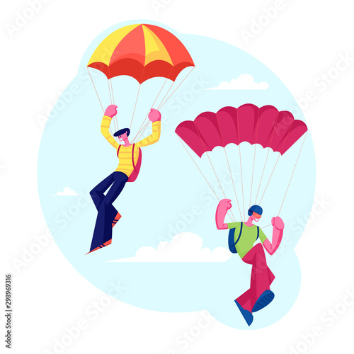 Fototapeta Naklejka Na Ścianę i Meble -  Skydiver Characters Jumping with Parachute Soaring in Sky