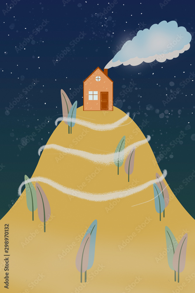 Naklejka premium christmas landscape, hill house, starry sky