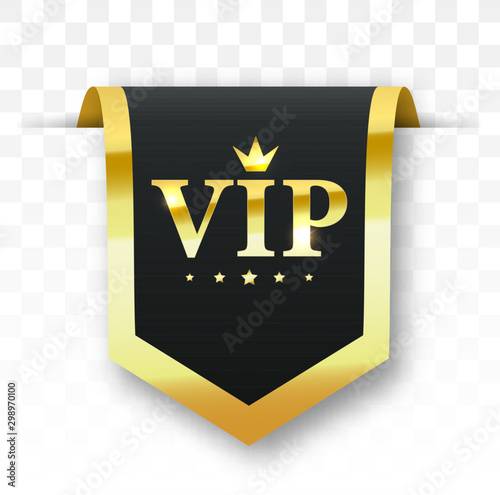 Vip label, badge or tag. Vector black banner with gold vip text. Vector illustration