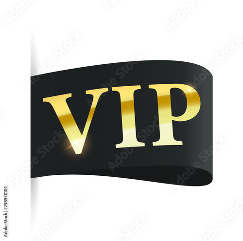 Vip label, badge or tag. Vector black banner with gold vip text. Vector illustration